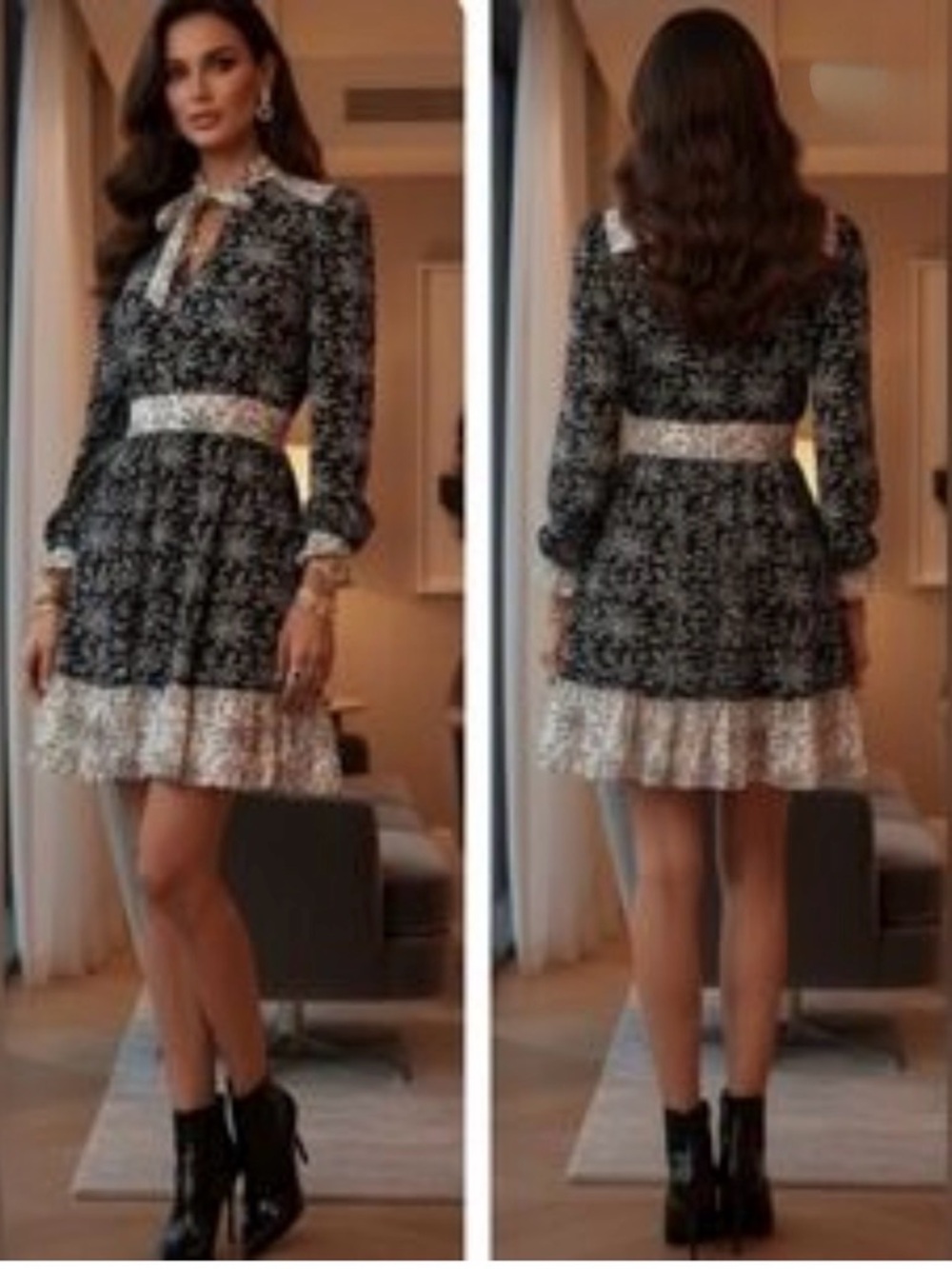 Melloday Floral Print Long-Sleeve Ruffle Hem Dress - Black/White - size M